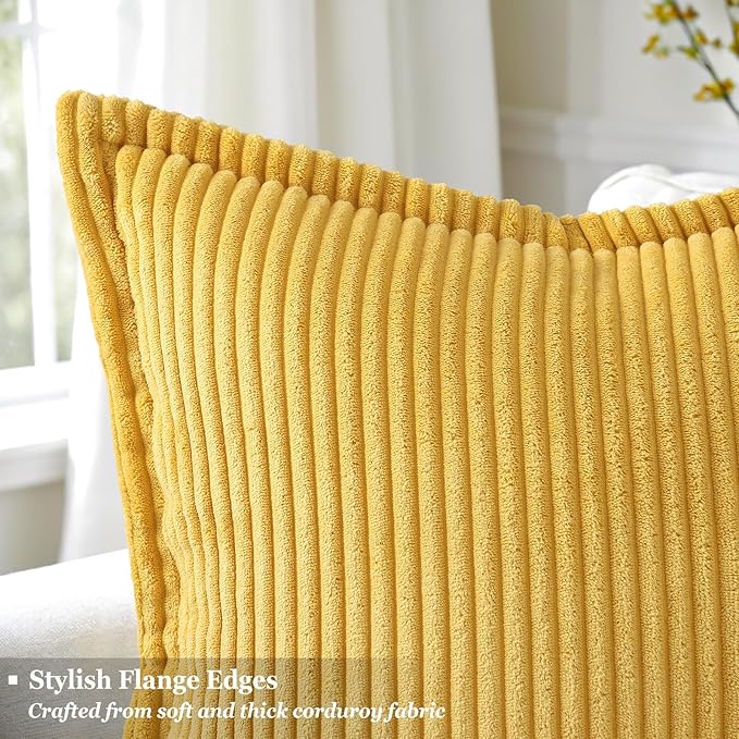 decorUhome Fall Corduroy Mustard Yellow Throw Pillow Covers 20x20 Set of 2 Decorative Soft Boho Striped Neutral Euro Farmhouse Couch Pillow Covers with Broadside for Living Room Bed Sofa