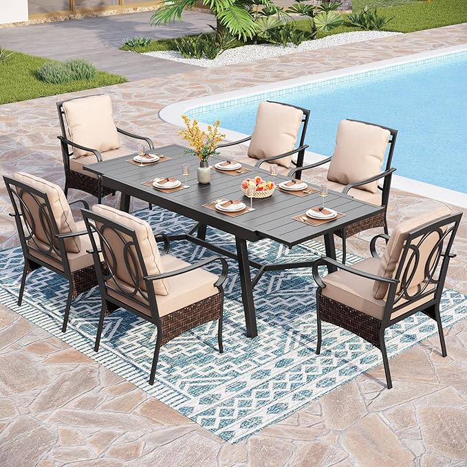 PHI VILLA Heavy Duty 7-Piece Patio Dining Sets, Expandable Outdoor Table and Chairs Set for 6, 6 Extra Large Dining Chairs, Rectangular Metal Dining Table for Deck, Backyard and Garden