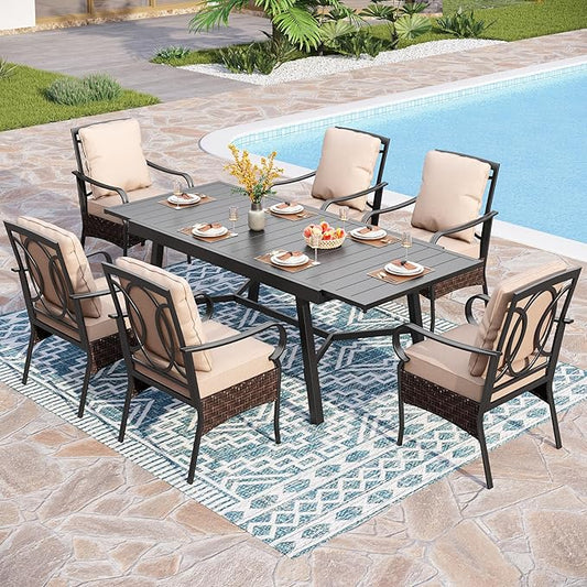 PHI VILLA Heavy Duty 7-Piece Patio Dining Sets, Expandable Outdoor Table and Chairs Set for 6, 6 Extra Large Dining Chairs, Rectangular Metal Dining Table for Deck, Backyard and Garden