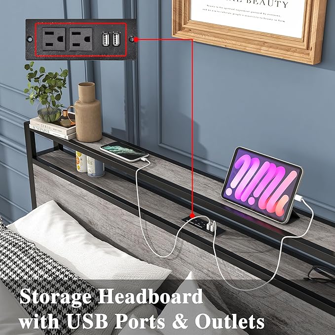 Queen Bed Frame with Storage Headboard/Power Outlets/USB Ports Charging Station,Metal Bed Frame Queen Size No Box Spring Needed,Under Bed Storage,Easy Assembly,Warm Grey