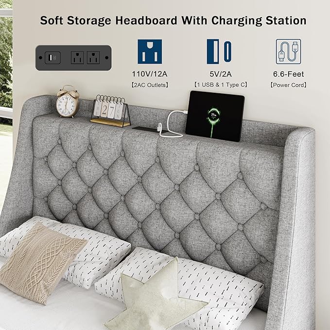 Twin Bed Frame with 4 Storage Drawers, Giant Upholstered Wingback Headboard, Fast Charging Station, No Box Spring Needed, Noise-Free, Light Gray