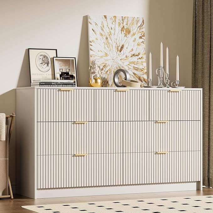 Beige Dresser for Bedroom, Modern Dresser with 7 Drawers and Smooth Slides, Wide Chest of Drawers with Golden Handles for Bedroom, Living Room, Closet, 15.7" D x 55.1" W x 31.4" H