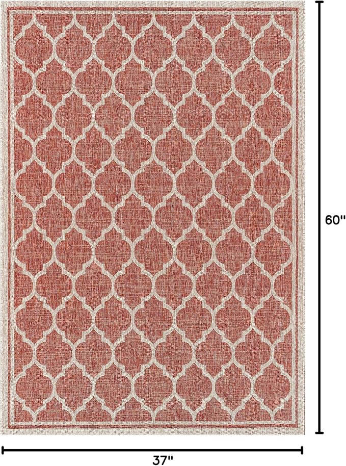 Eyely BMS109C-3 Santa Monica Trebol Moroccan Trellis Textured Weave Indoor/Outdoor Area Rug Coastal;Bohemian, Bedroom, Backyard, Patio, Easy-Cleaning, Non-Shedding, 3 X 5, Red/Beige