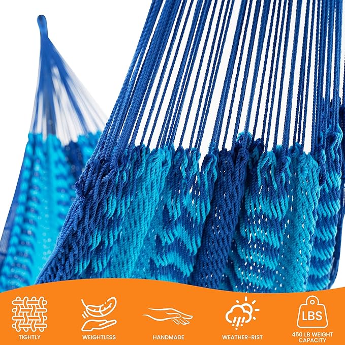 Lazy Daze Hammocks Handwoven Mayan Hammock, 10.5 FT Soft Rope Double Hammocks, Portable Outdoor Hammock with Carry Bag, 2 Straps & carabiners for Patio Outside, 550 lbs Weight Capacity, Blue/Dark Blue