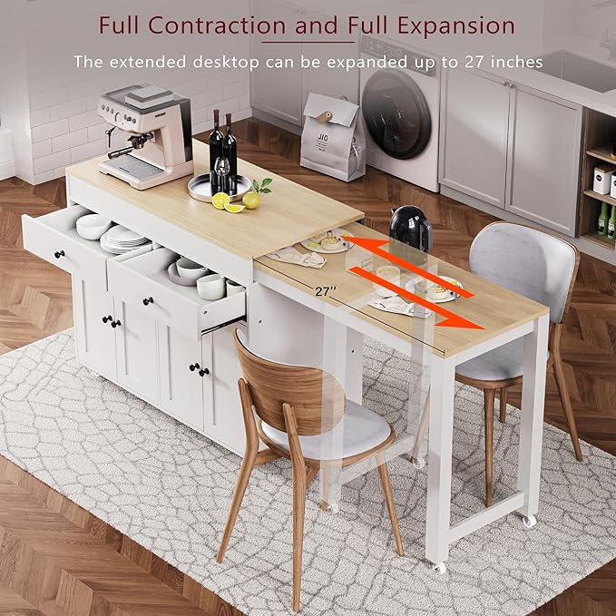 74.5" Rolling Kitchen Island on Wheels with Extendable Dining Table, Storage Cart with 2 Drawers, 4 Door Cabinet, Spice Rack for Kitchen, Dining Room, White