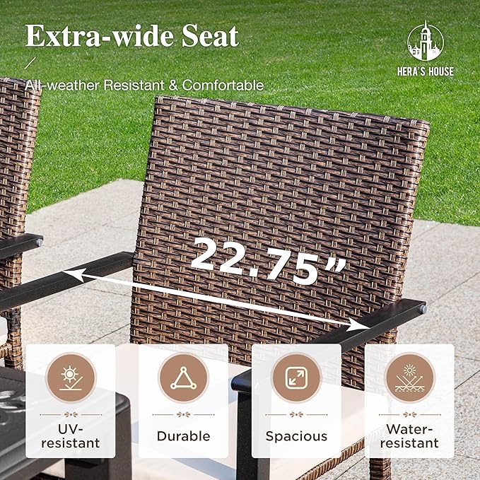 HERA'S HOUSE 5 Pieces Patio Dining Set, Outdoor Dining Set with 4 Wicker Patio Chair with Removed Cushion, 37" Wood Like Dining Table with 1.57" Umbrella Hole, for Lawn Garden Backyard Deck