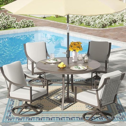 NATURAL EXPRESSIONS 5-Piece Outdoor Patio Dining Set, 4pcs Patio Swivel Rocking Chairs and 38’’ Round Dining Table with 1.65’’ Umbrella Hole