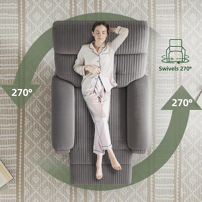 Claiks Power Swivel Rocker Recliner Chair, Oversized Recliner Chairs for Adults, Corduroy Overstuffed Reclining Chair with USB and Type-C Ports for Living Room, Grey