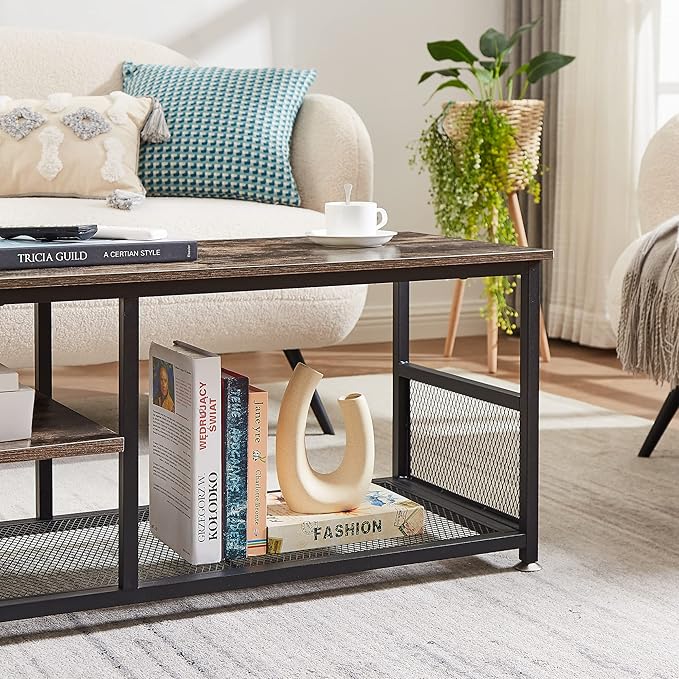 VECELO Industrial TV Stand for Televisions up to 80 Inch, 70" Entertainment Center with Open Storage Shelves for Living Room/Bedroom, 3 Tiers Media Console Table with Metal Frame, Brown, 70 Inches