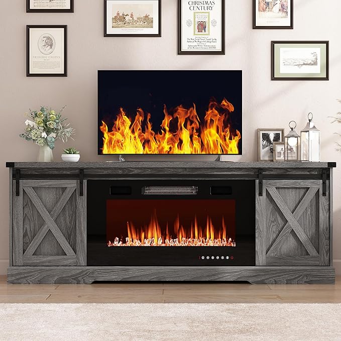 Farmhouse Fireplace TV Stand for 70/75/80 Inch TV, 70 inch Entertainment Center Storage Cabinets with 36”Electric Fireplace and Sliding Barn Doors, Media Console Cabinet for Living Room, Grey