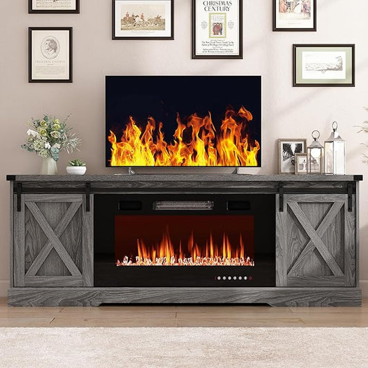 Farmhouse Fireplace TV Stand for 70/75/80 Inch TV, 70 inch Entertainment Center Storage Cabinets with 36”Electric Fireplace and Sliding Barn Doors, Media Console Cabinet for Living Room, Grey