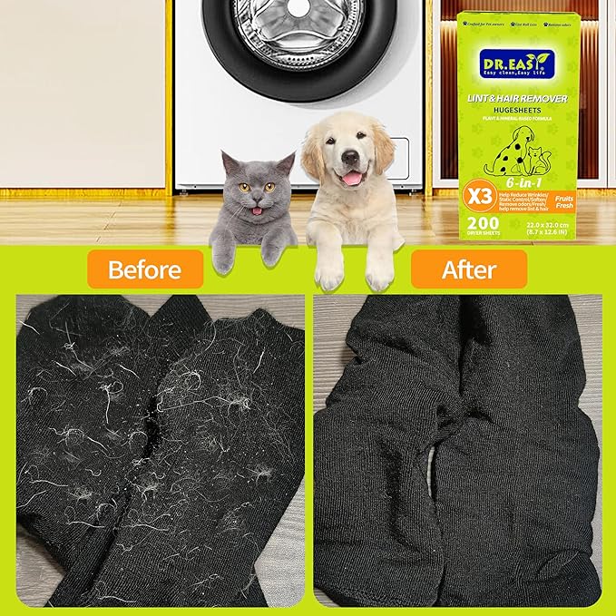 Dr.Easy LINT & HAIR REMOVER Pet HUGESHEETS with 3X ODOR REMOVE Dryer Sheets, Fruits Fresh, 200 Count,PLANT&MINERAL-BASED FORMULA