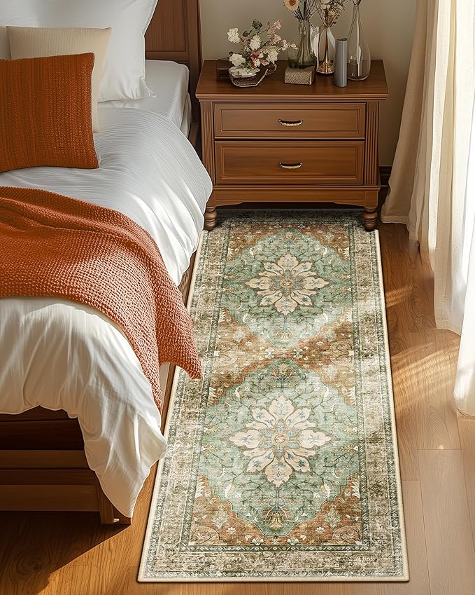 Area Rugs 2'x5' Washable Non-Slip, Floral Vintage Distress Print Pattern Medallion Carpet for Living Room Bedroom Dining Room, Brick Red Rust Neutral Brown Burnt Orange Green