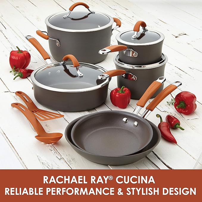 Rachael Ray Cucina Dishwasher Safe Hard Anodized Nonstick Cookware Pots and Pans Set, 12 Piece, Gray & Yum-o! Bakeware Oven Lovin' Nonstick Loaf Pan, 9-Inch by 5-Inch Steel Pan, Gray