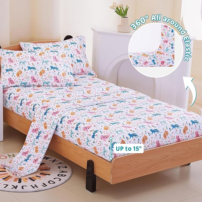 Viviland 3 Pieces Girls Pink Cat Twin Sheet Set - Soft Microfiber Fitted Flat Sheets & Pillowcase - Kids Colorful Floral Leaf Print Bedding Sets - for Kids & Toddlers