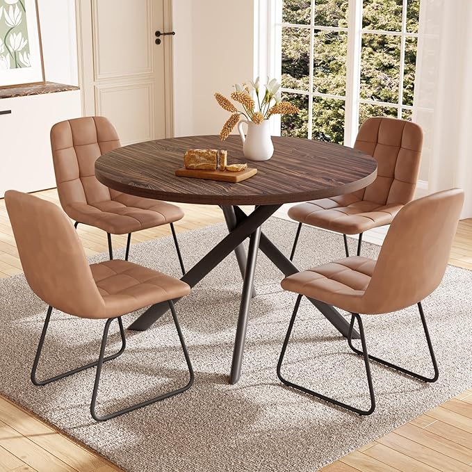 45.3 Inch Round Dining Table Set for 4, Mid Century Modern Small Coffee Set for Dining Room Kitchen Apartment (Walnut Table + 4 U-Shaped Brown Chairs)