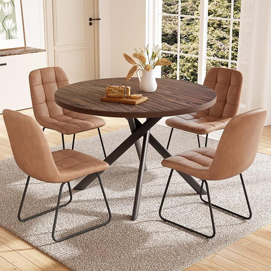 45.3 Inch Round Dining Table Set for 4, Mid Century Modern Small Coffee Set for Dining Room Kitchen Apartment (Walnut Table + 4 U-Shaped Brown Chairs)
