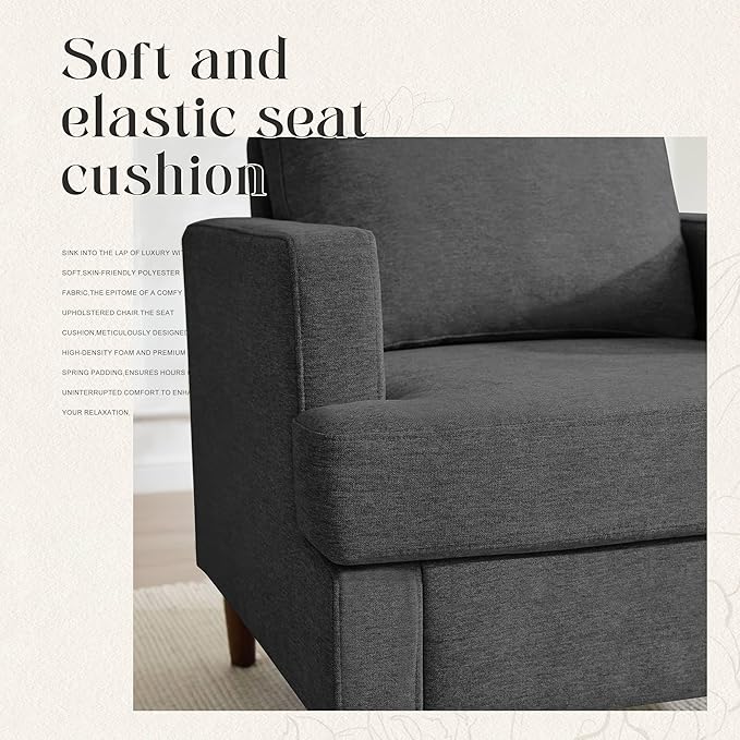 Mid-Century Accent Chair,Modern Linen Fabric Armchair for Living Room,Comfy Upholstered Reading Accent Chairs for Bedroom,Single Sofa Chair with Wood Legs (Dark Grey, 2 Pack)