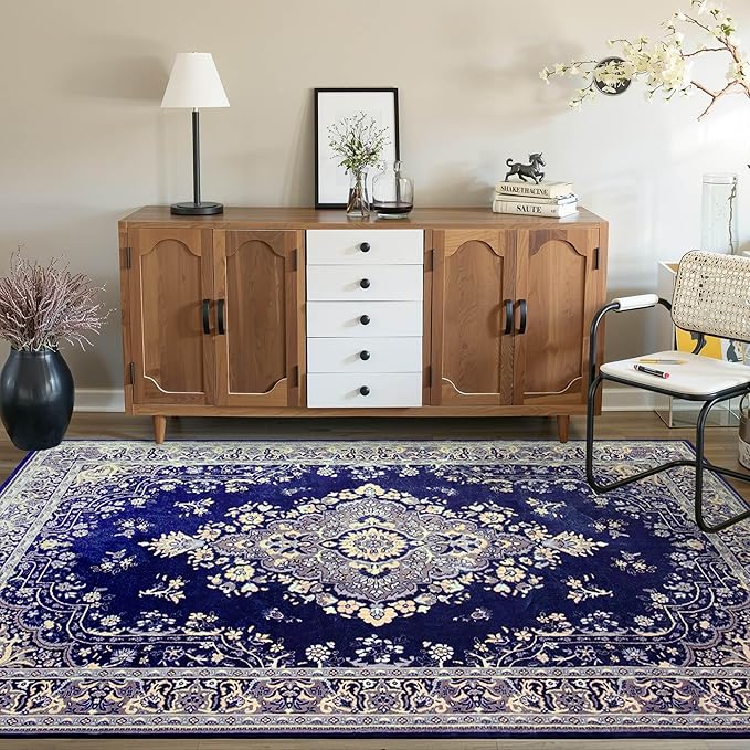 Vintage Area Rug 5x8 Rugs, Machine Washable Vintage Area Rug Non-Slip Low Pile Large Rug for Living Room, Bedroom, Farmhouse, Dining Room, Navy Blue
