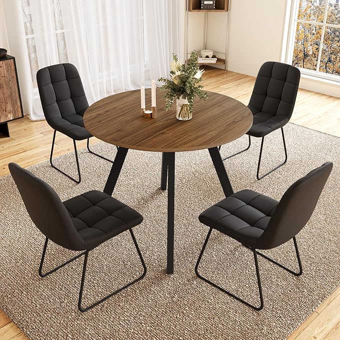 34.6'' Round Dining Table and Chairs for 4 Space Saving for Apartment Kitchen Dining Room (Walnut Table+4 U-Shaped Black Chairs)