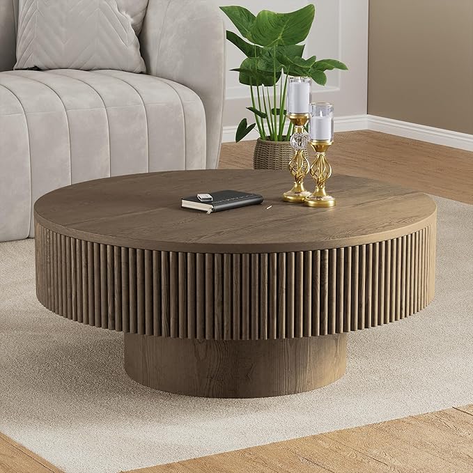 31.5” Round Fluted Coffee Table, Modern Wood Circle Coffee Table, Veneer Handcrafted Relief Tea Table with Sturdy Pedestal for Living Room - Brown