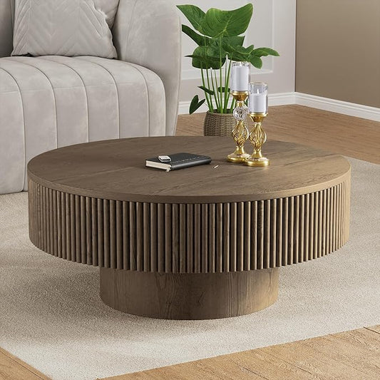31.5” Round Fluted Coffee Table, Modern Wood Circle Coffee Table, Veneer Handcrafted Relief Tea Table with Sturdy Pedestal for Living Room - Brown