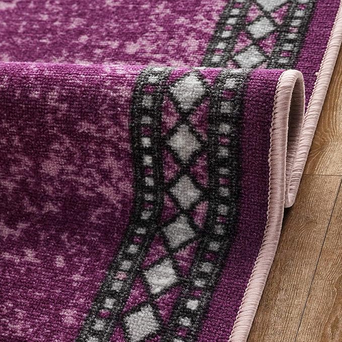 Antep Rugs Alfombras Modern Bordered 2x7 Non-Skid (Non-Slip) Low Profile Pile Rubber Backing Indoor Area Runner Rugs (Purple, 2' x 7')