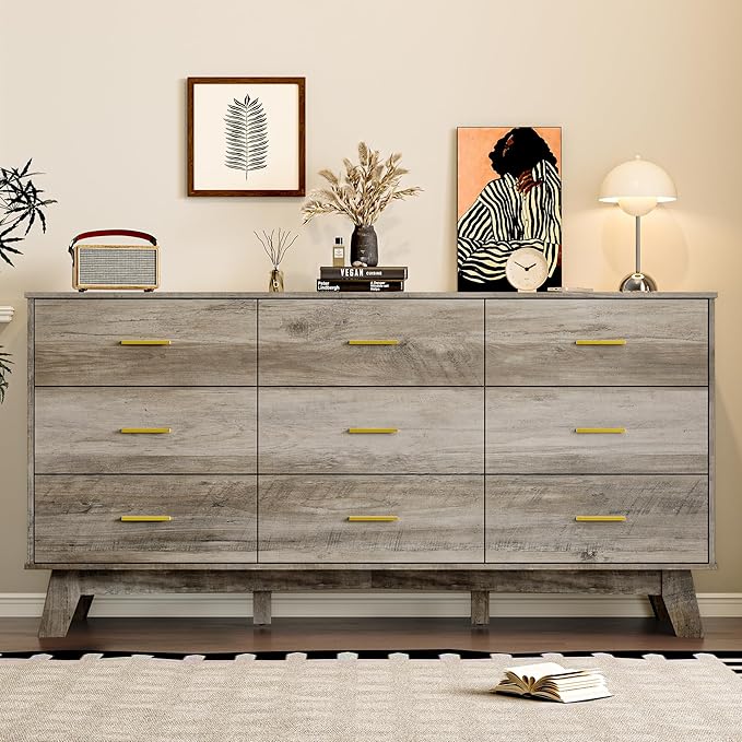 Dresser for Bedroom with 9-Drawer, 59" Wide Modern Chest of Drawers with Metal Handles, X-Shape Base & Adjustable Center Leg, Anti-Tip Closet Organizers and Storage