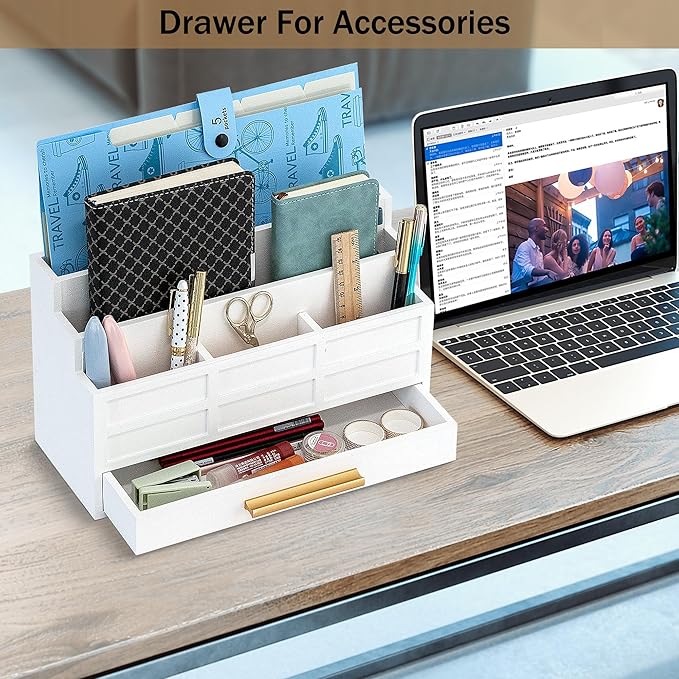 white Wood Desk Organizer and Accessories with Drawer, Bill Mail Organizer and File Mail Holder for Office Supplies, Rustic Desk Accessories & Workspace Organizers for Desk Organization