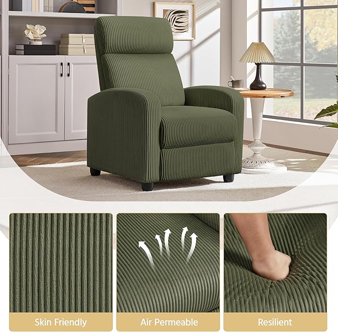 Yaheetech Corduroy Recliner Chair Single Sofa Home Theater Seating Adjustable Modern Reclining Chair for Living Room Bedroom Home Theater Dark Green