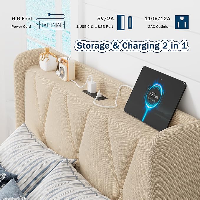 Twin Bed Frame with 4 Storage Drawers, Upholstered Platform Bed with Charging Station, Modern Wingback Storage Headboard, Easy Assembly,Noise-Free, Beige