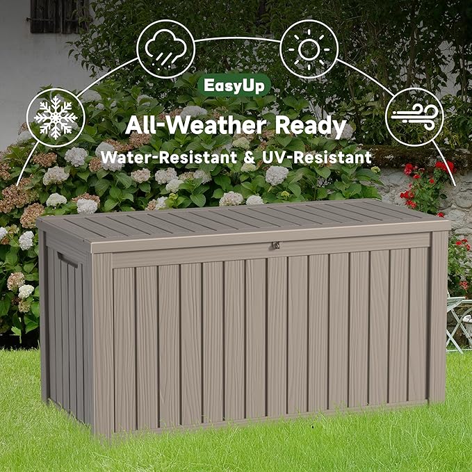 150 Gallon Outdoor Storage Box, Resin Waterproof UV-Resistant Deck Box with Hydraulic Lid Support, Reinforced Stability for Patio, Garden, and Poolside, Striped Gray