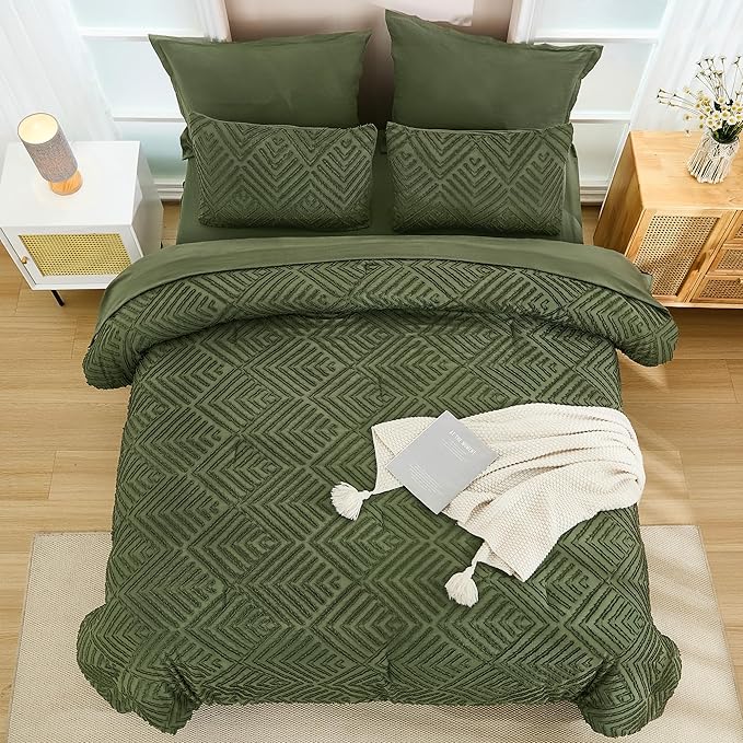 Andency California King Comforter Set Olive Green - 7 Piece Cal King Bed in a Bag Boho Olive Green Tufted Bedding Sets, Bed Set with Comforter, Sheets, Pillowcases & Shams