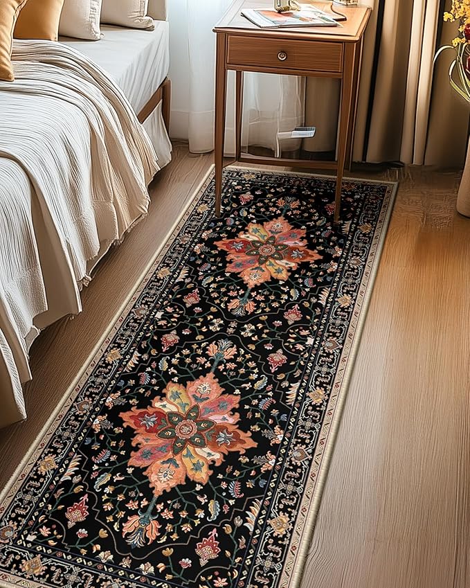 Area Rugs 2'x6' Washable Non-Slip, Floral Vintage Distress Print Pattern Medallion Carpet for Living Room Bedroom Dining Room, Black Colorful Floral Dark Tan