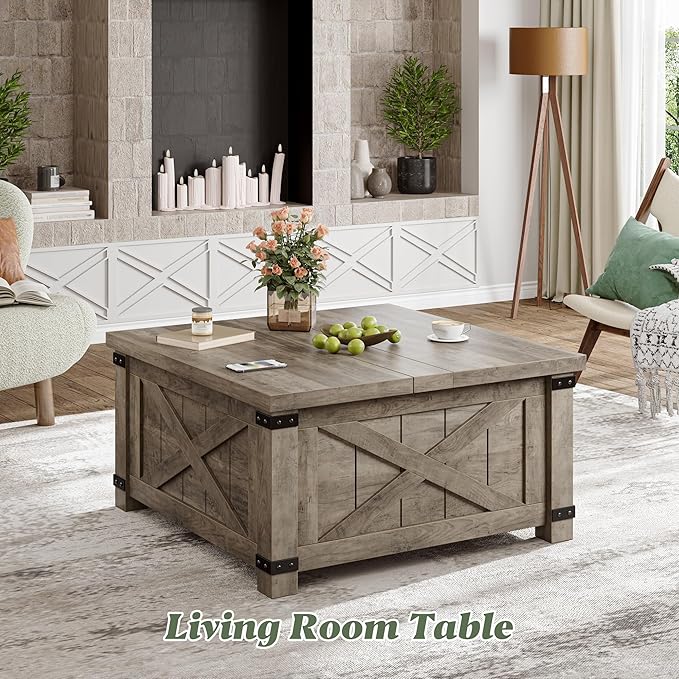 EnHomee Lift Top Coffee Table with Storage, 36" Farmhouse Coffee Tables for Living Room, Square Coffee Table with Large Hidden Space, for Living Room, Bedroom, Home Office, Oak Grey
