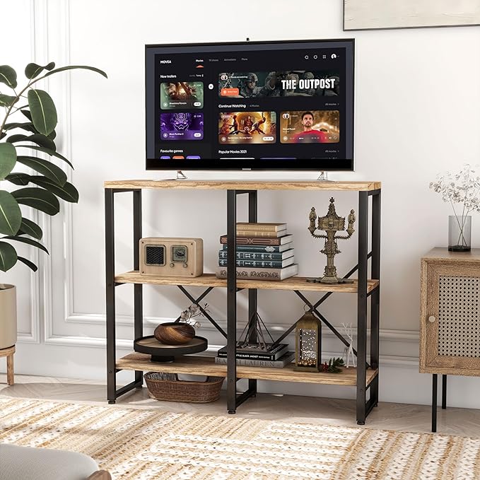 3 Tier Solid Real Wood Bookshelf Rustic Industrial Style, Wooden Storage Shelves Etagere Bookcase Book Shelf Display Shelf for Home Office