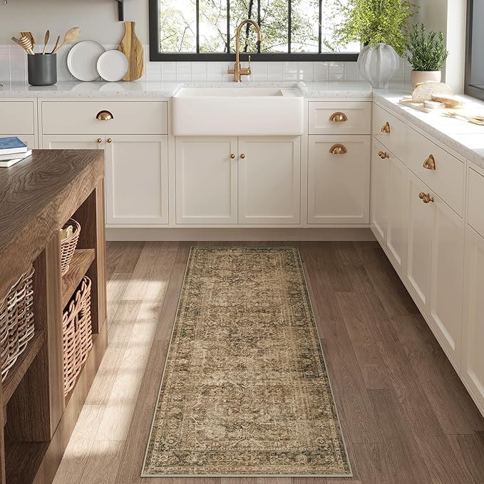 Fmfunctex 2x5 Washable Runner Rug Brown Vintage Neutral Distressed Non Slip Low Pile Indoor Carpet Soft Retro Floral Hallway Entryway Rug for Kitchen Living Room Bedroom Bathroom Laundry Entry Bedside