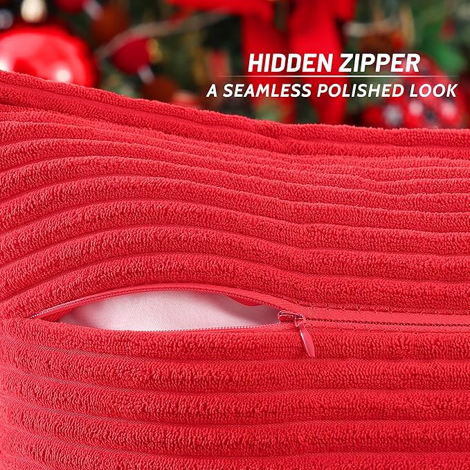 Mecatny Corduroy Throw Pillow Covers 16x16 Set of 2, Neutral Decorative Soft Boho Couch Pillow Covers with Broadside for Sofa Living Room, Red