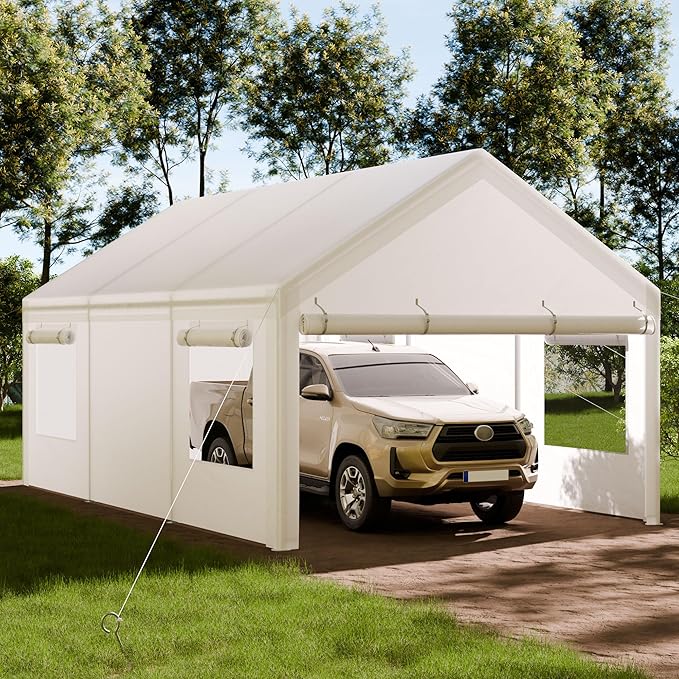Shintenchi Carport 10' x 20' Heavy Duty Portable Garage, Car Port Canopy with Side-Opening Removable Door & Roll-Up Windows, Car Canopy for Truck,Car,Boat,Motorcycle,White