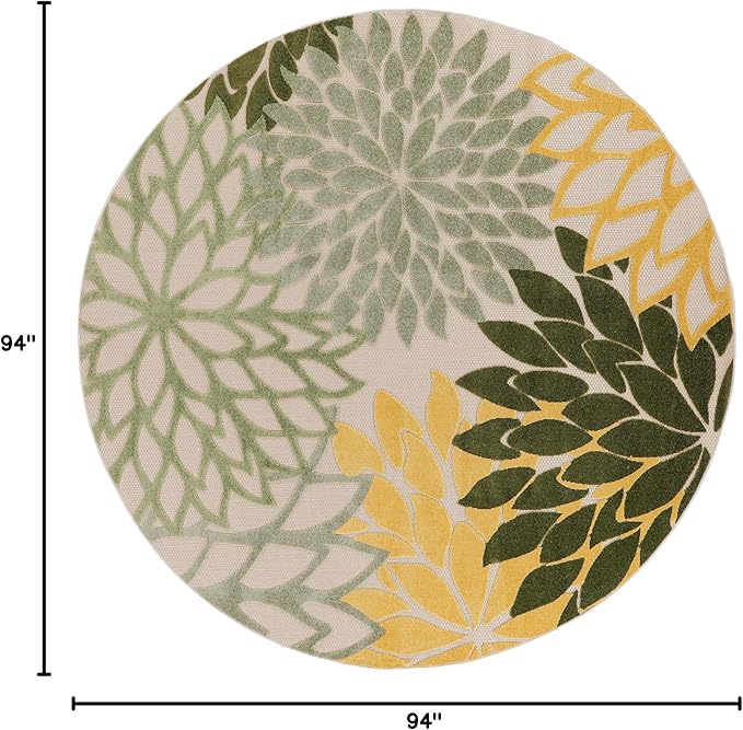Nourison Home Aloha Indoor/Outdoor Green Multicolor 7'10" x Round Area Rug, Easy-Cleaning, Non Shedding, Bed Room, Living Room, Dining Room, Backyard, Patio, Deck (8 Round)