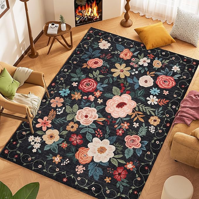 DUKINO 8x10 Area Rug, Floral Rugs for Living Room, Lightweight Non Slip Washable Rug, Indoor Low Pile & Non-Shedding Boho Design Rugs for Bedroom, Living Room, Dining Room, Black