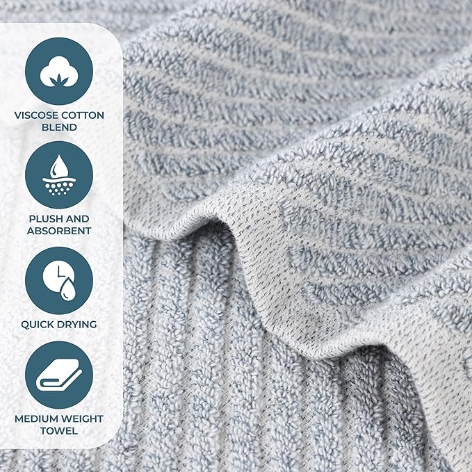 Superior Amelia Viscose Cotton Blend Medium Weight Towels, for Bathroom, Shower, Spa, Plush, Quick Dry, Ultra-Soft Towels, Bath Essentials, Ribbed Design, 12 Piece Assorted Towel Set, Denim Blue