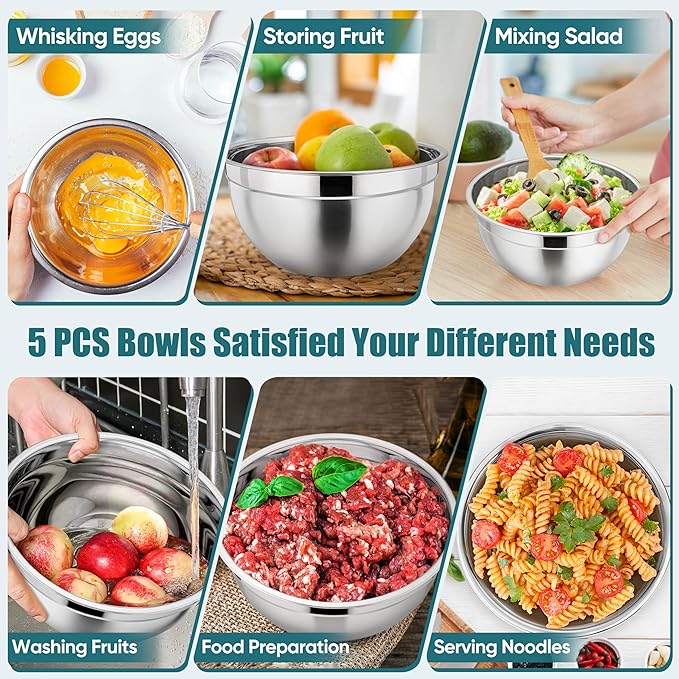 P&P CHEF Mixing Bowl with Airtight Lid Set of 5, 10-Piece Stainless Steel Nesting Salad Bowl Set for Prepping, Mixing and Serving, Size 4.6, 3, 1.5, 1, 0.7 QT, Rimmed Edges & Flat Base, Blue