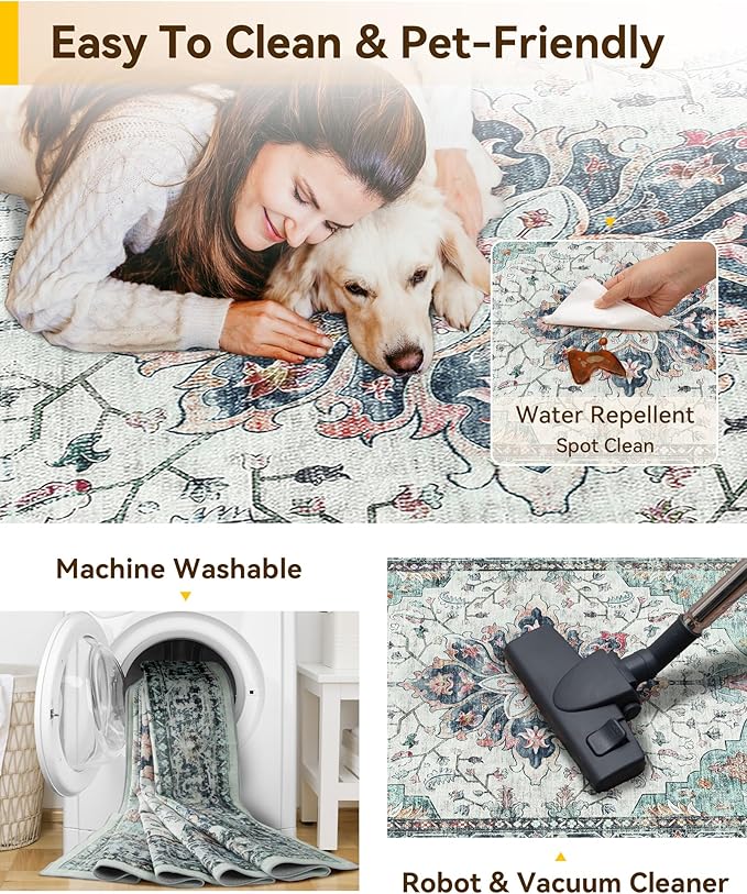 Area Rugs 5'x7' Washable Non-Slip, Floral Vintage Distress Print Pattern Medallion Carpet for Living Room Bedroom Dining Room, Green Navy Blue White Red Teal Colorful