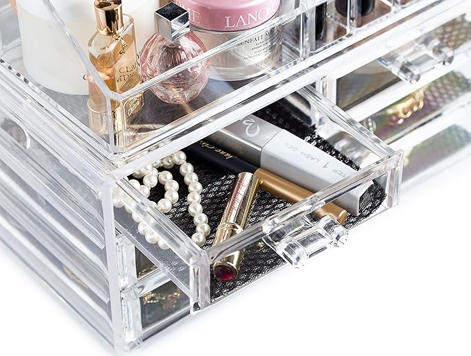 Masirs Clear Makeup Organizer – 16-Compartment Cosmetic and Jewelry Holder, 4-Drawer Vanity Storage, Elegant Clear Design for Makeup and Accessories