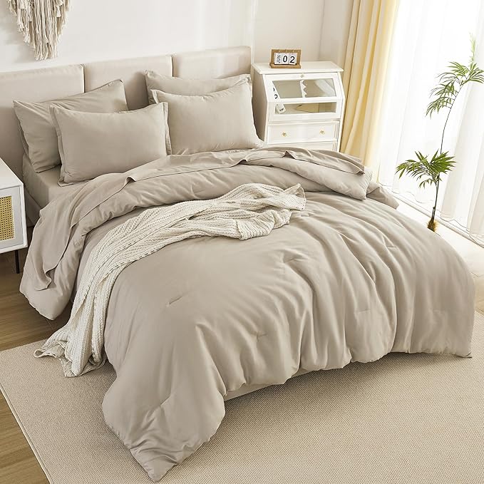 Litanika Comforter California King Size Set Oatmeal - 7 Pieces Bed in a Bag California King Bedding Comforter Set, Plain Lightweight Bed Set with Comforter, Sheets, Pillowcases & Shams