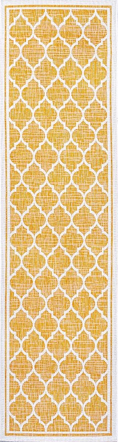 Eyely BMS109F-210 Santa Monica Trebol Moroccan Trellis Textured Weave Indoor/Outdoor Runner Rug Coastal;Bohemian, Bedroom, Backyard, Patio, Easy-Cleaning, Non-Shedding, 2 X 10, Yellow/Cream