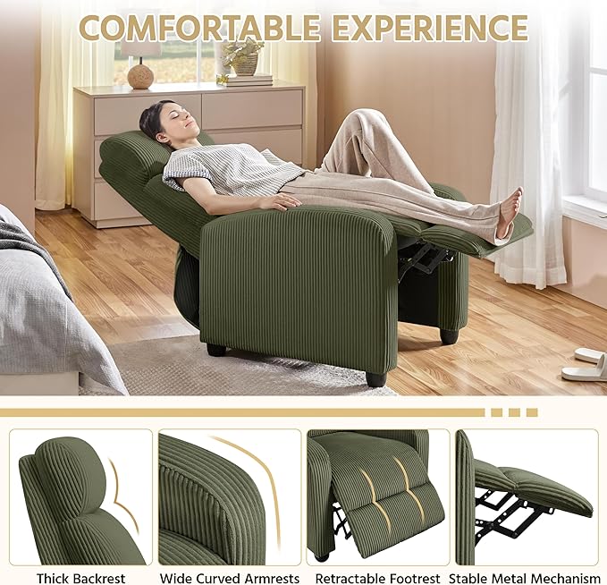 Yaheetech Corduroy Recliner Chair Single Sofa Home Theater Seating Adjustable Modern Reclining Chair for Living Room Bedroom Home Theater Dark Green