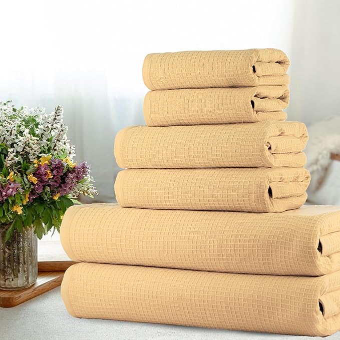CASA COPENHAGEN Waffle Towel, 6Pieces 100% Cotton Large Towel Set- Beige, 2Bath 2Hand 2Washcloths Instant Absorb and Dry, Soft Strong Towels for Hotel Spa Kitchen Bathroom & Shower