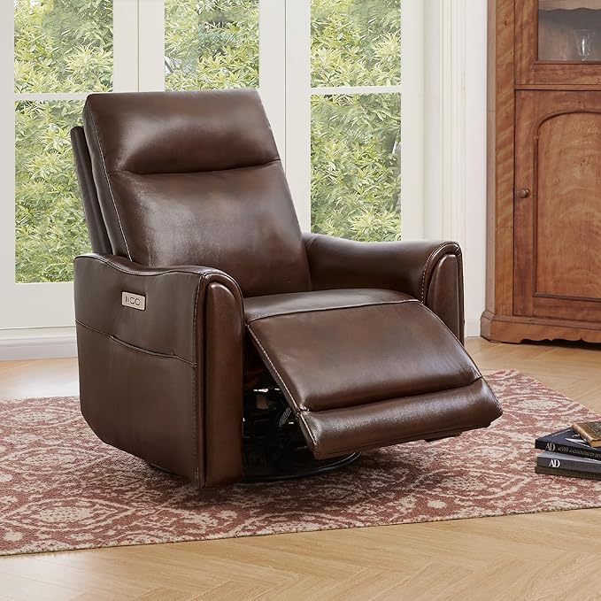 Watson & Whitely Genuine Leather Power Recliner Chairs for Adults, Swivel Glider Recliner Chair for Living Room with Charging Ports, Dark Brown